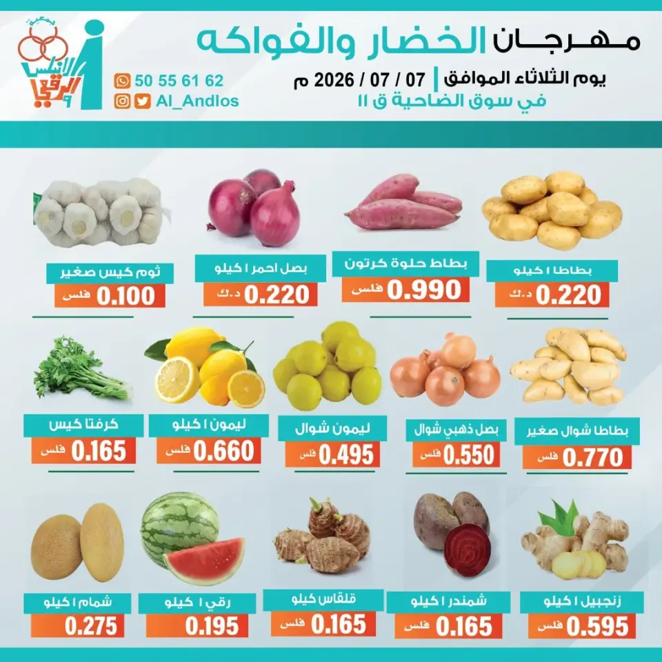 عروض جمعية الأندلس والرقعى التعاونية الثلاثاء ٧ يوليو ٢٠٢٦ مهرجان الخضار والفواكه